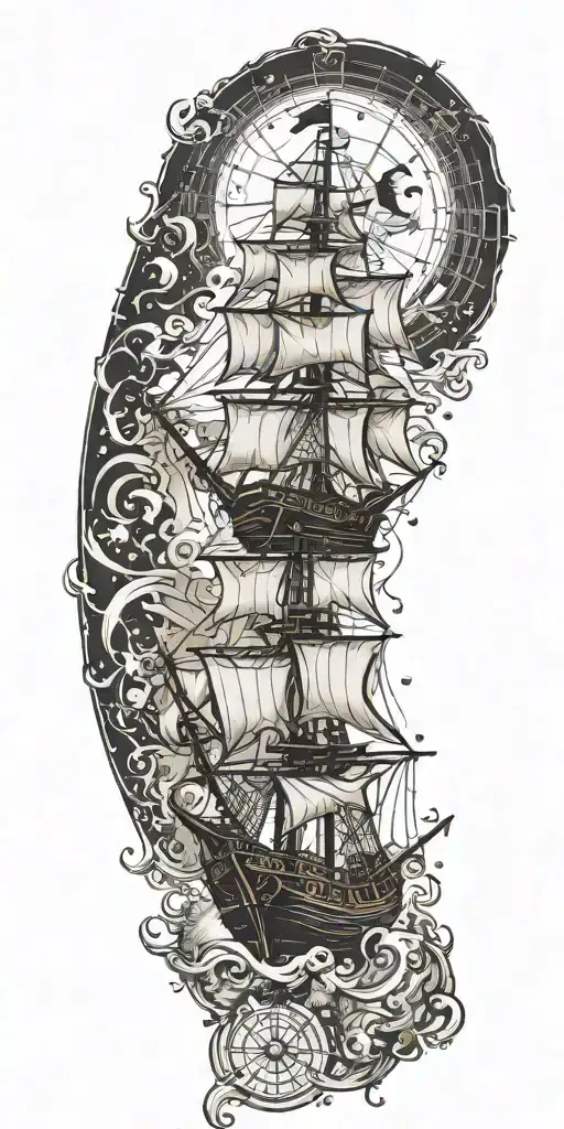 small pirate ship stormy seas compass rose falling moon black flag tattoo design idea