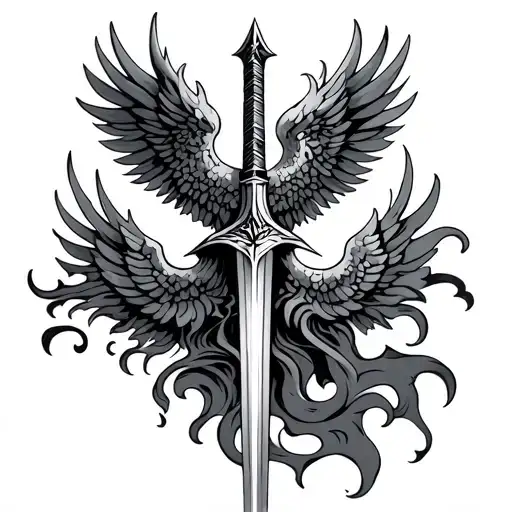 biblically accurate seraphim with fire sword in the middle  tattoo design idea