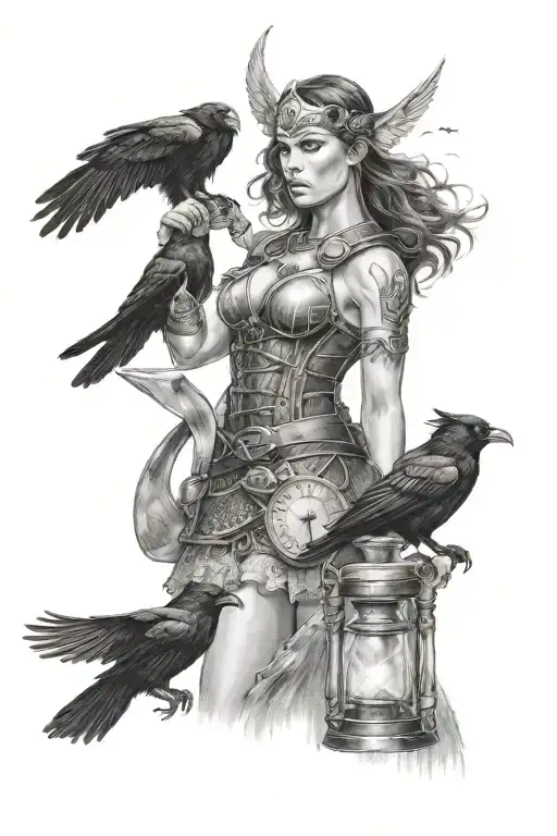 Portrait Valkyrie holding a sandglass with 2 crows flying. No crown, no wings, no background image, realism style tattoo design idea