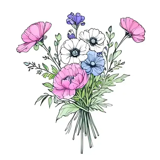 simple drawing of a bouquet containing, carnations, violets, poppies, peony, and greens tattoo design idea