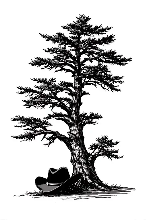 Cypress tree with cowboy hat leaning on the base. Think Hank Williams SR tribute + 1950s ish style drawing tattoo design idea