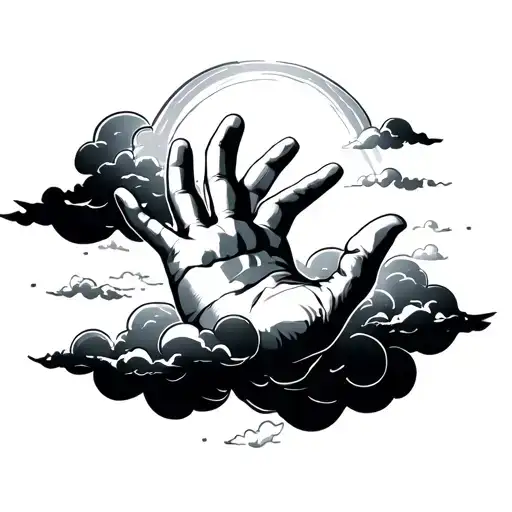 one hand reaching to the clouds with light shining on them tattoo design idea