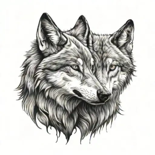 2 wolf heads looking at each other, one good and one evil, Fine line tattoo design idea