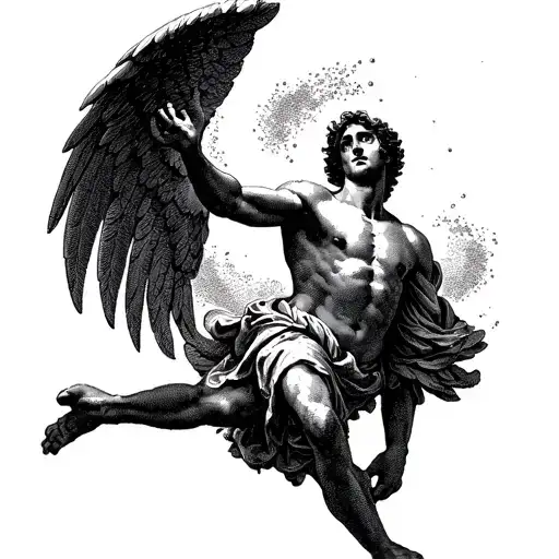 A male angel falling with his hand reaching towards the sky. tattoo design idea