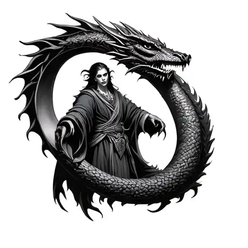 sorceres apprentice surrounded by dragon ring tattoo design idea