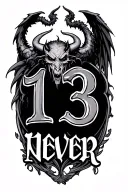 number 13 with demon wings and word never tattoo design idea