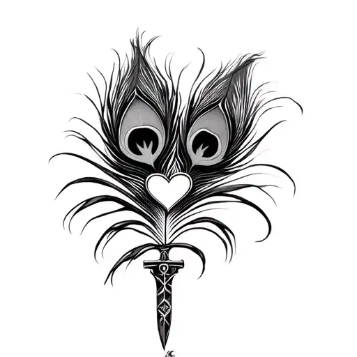 Peacock feather and curved dagger wwith heart tattoo design idea