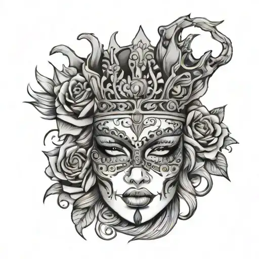 feminine cracked mask with flower and a crown and litghning tattoo design idea