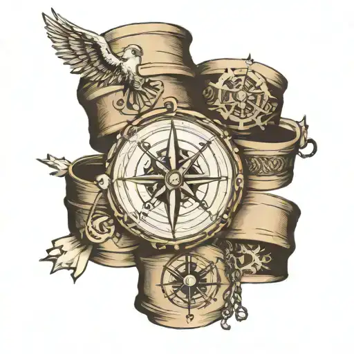hand bands  with compass and ship with meaningful signs about struggle , peace, hustle, strengths, belie tattoo design idea