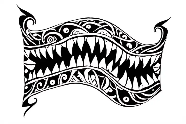arm band tattoo with curved lines(raku),thick black line motifs,precise geometric shapes,spirals,serrated teeth tattoo design idea