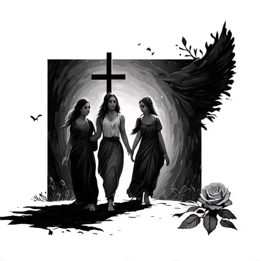 me walking two daughters to the cross with a rose at our feet  tattoo design idea