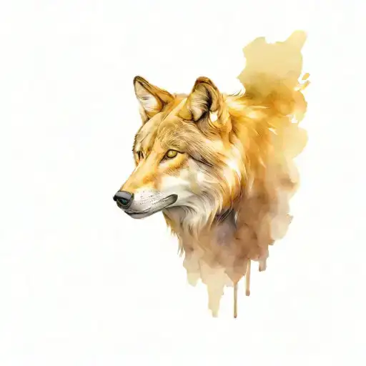 brown wolf with white, piercing greenish eyes, imposing posture, protecting her cub tattoo design idea