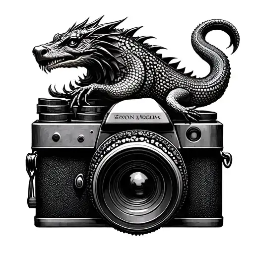 A Basilisk Coiled Around a Cannon Camera body tattoo design idea