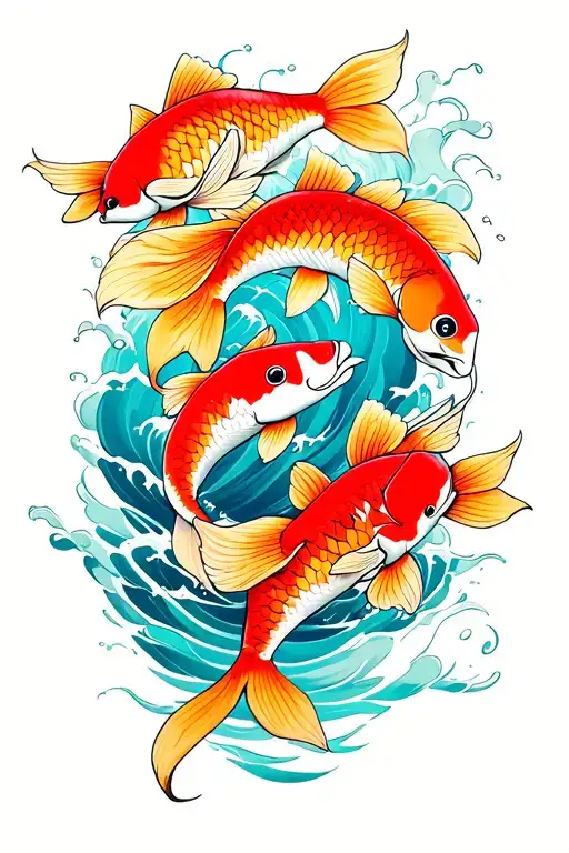 Japanese upper-arm sleeve tattoo design: three koi fish swimming through flowing water and waves, with three large peoni tattoo design idea