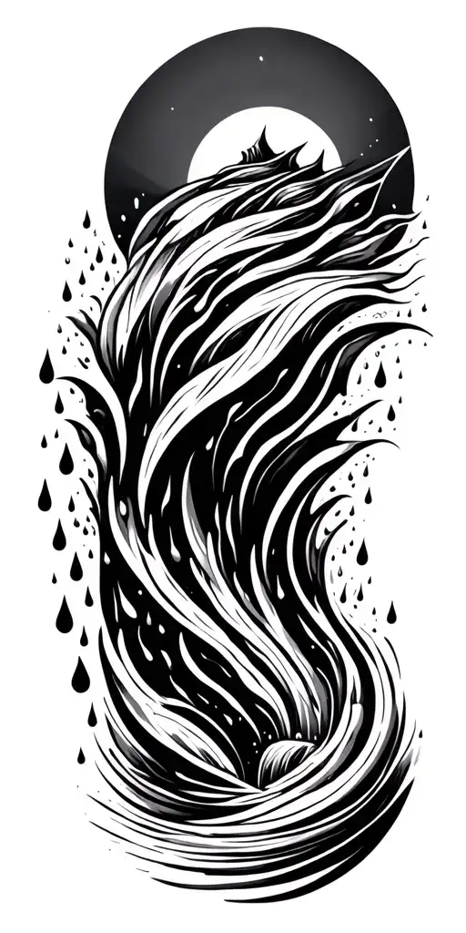 a sun melting into a waterfall that turns into rain drops tattoo design idea