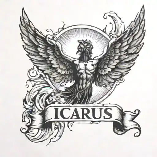 a single wax wing of icarus melting in front of the sun, with the name icarus on it tattoo design idea