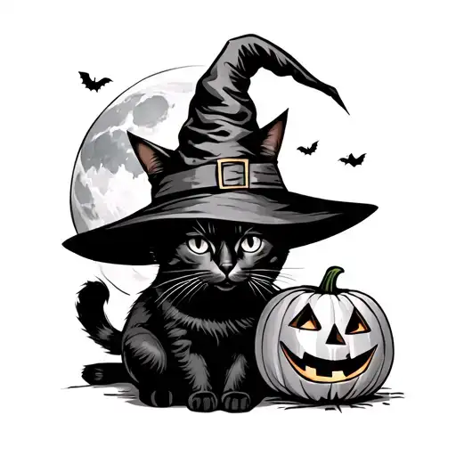 black cat wearing a witch hat sitting beside a jack-o'-lantern under the moon tattoo design idea