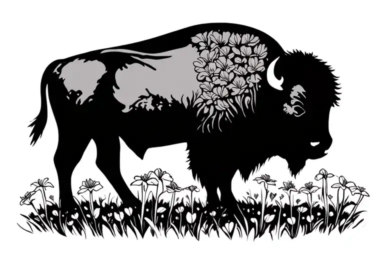 bison silhouette with a field of trillium flowers  tattoo design idea