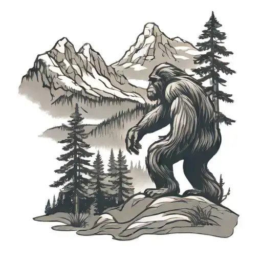 outdoors mountains trees background looking at bigfoot  tattoo design idea