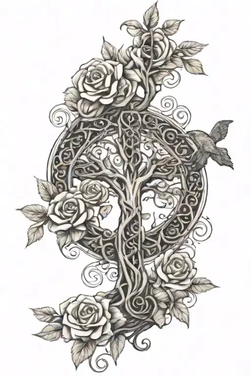 tree of life with cross intertwined surrounded by roses tattoo design idea