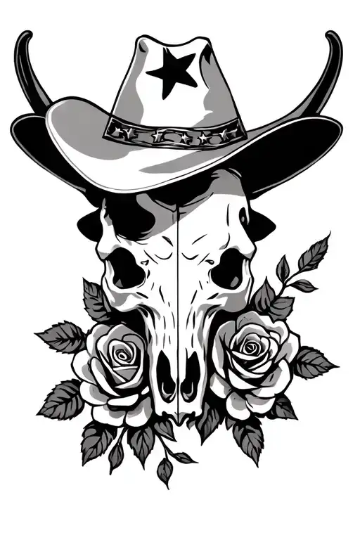 Texas Alamo cowboy flag cow skull with roses tattoo design idea