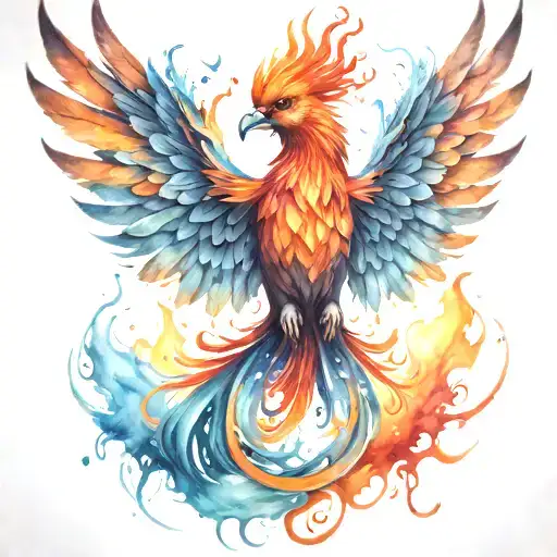 realistic phoenix with detailed feathers and flames rising from the ashes tattoo design idea