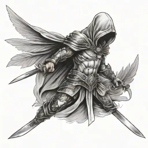 warrior with sword in front with hood and open wings in full growth tattoo design idea
