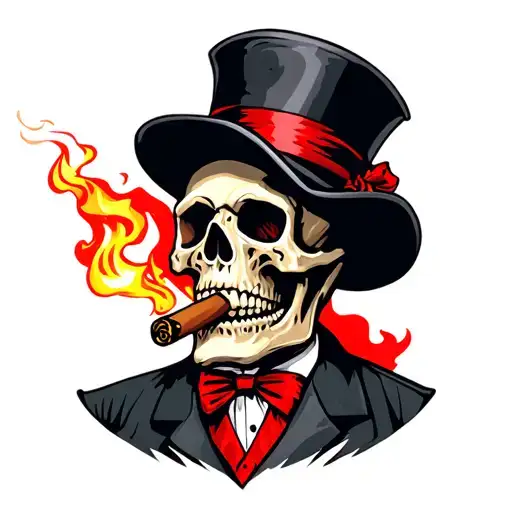 skull wearing a top hat with red through it and smoking one cigar with fire out of it tattoo design idea