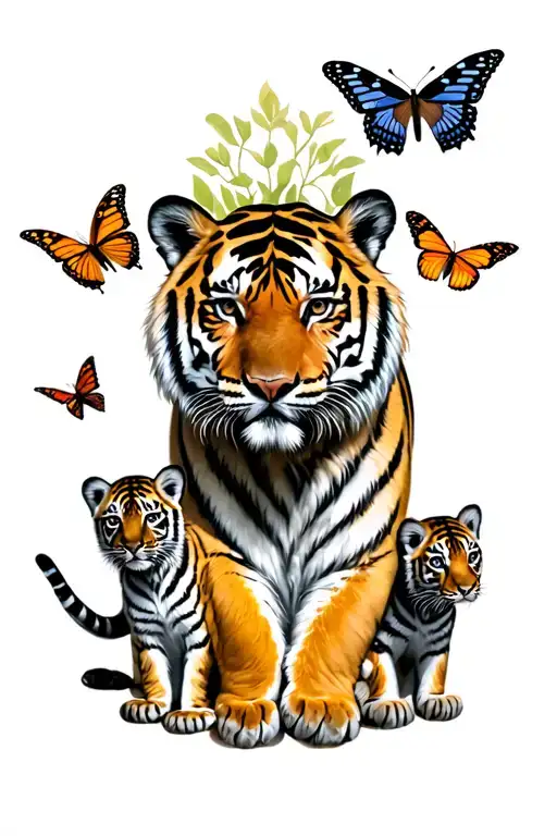 father tiger with 2 cubs and 2 butterflys souronding tattoo design idea