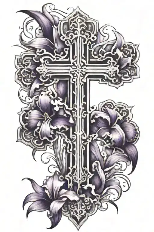 cross surrounded by purple iris flowers tattoo design idea