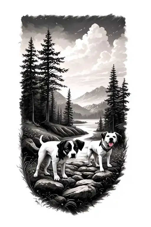A half-sleeve tattoo featuring a scenic landscape with your dogs playfully incorporated into the scene tattoo design idea