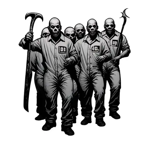 Group of horror movie characters wearing prison jumpsuits marked with D O C. one holding a shank the other holding a pip tattoo design idea