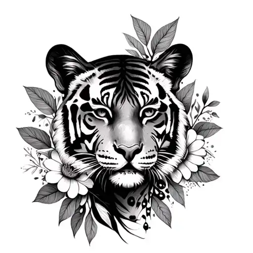 Female face with tiger face with spotted flowers personalized in the background tattoo design idea