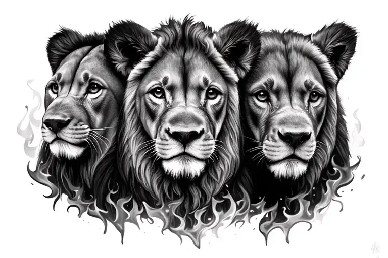 Lions family 3 face on fire puppies tattoo design idea