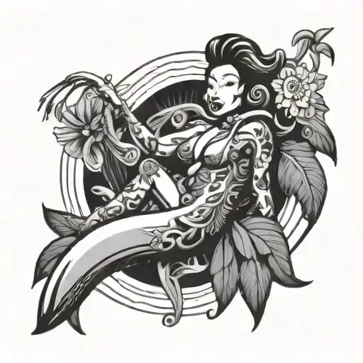 Banana as the Core Element with taiwanese influence and drag queen flair. All in line art style tattoo design idea