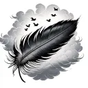A duck feather with clouds around the entire feather with small ducks (silhouettes) in the clouds  tattoo design idea
