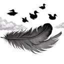 A duck feather with clouds around the entire feather with small ducks (silhouettes) in the clouds  tattoo design idea