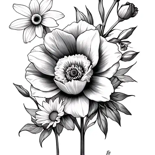 2 daffodils, poppy, aster, rosebud, daisy, violet, Rose tattoo design idea