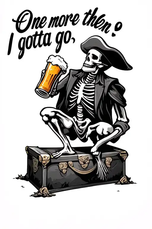 "One more then I gotta go" skeleton pirate drinking beer full body with beard and hat standing on treasure tattoo design idea