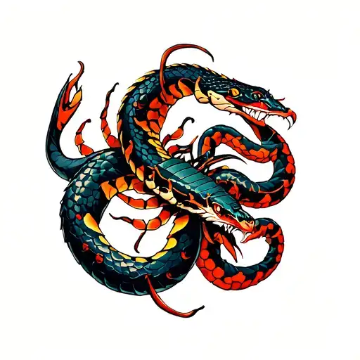  viper coiled around a scorpion, both locked in battle with bold, flowing tribal patterns tattoo design idea