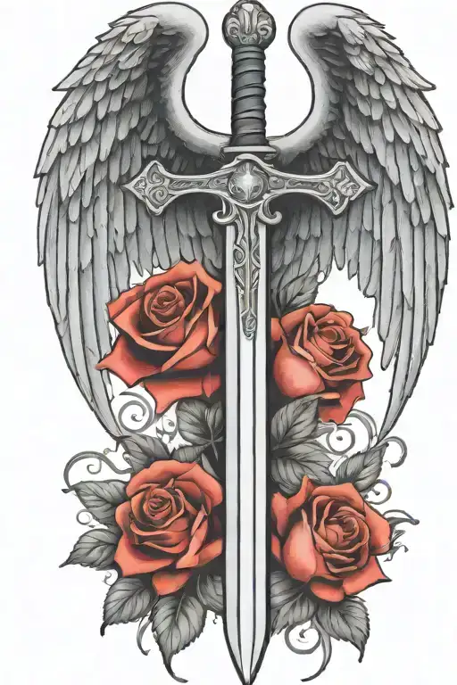 angel wings behind a sword, roses tattoo design idea