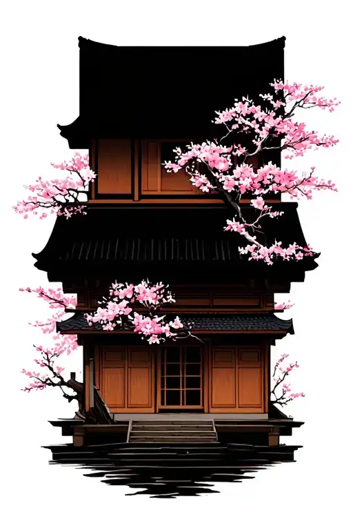 japanese house with chery blossom tree and sakura in background tattoo design idea