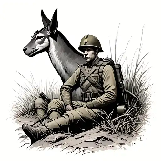 A German soldier in full battle equipment sits in a ditch, behind him stands a large, shady anubis like his protector or companion tattoo design idea
