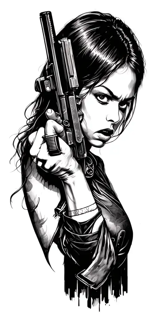Girl with weapons a gun and an angry black and white sketch on the whole hand tattoo design idea