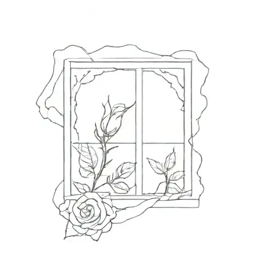 broken window with rose on window sill tattoo design idea