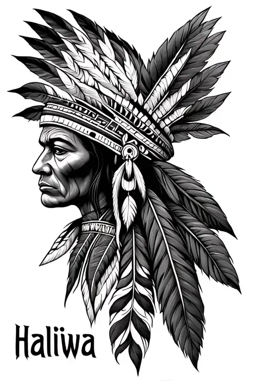 Native american inspired tattoo including the word "Haliwa" tattoo design idea