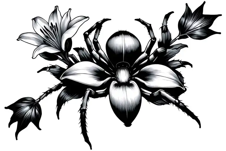 lillies and spider weaving a web tattoo design idea