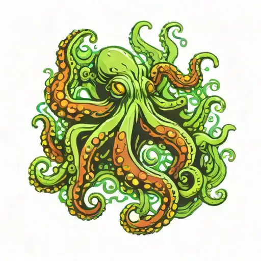 green Octopus lurking ocean floor at shipwreck tattoo design idea
