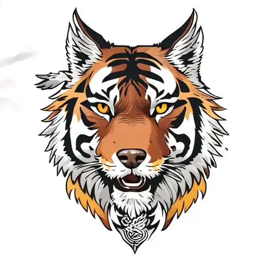 half tiger face with half wolf face on upper side eagle flying  tattoo design idea