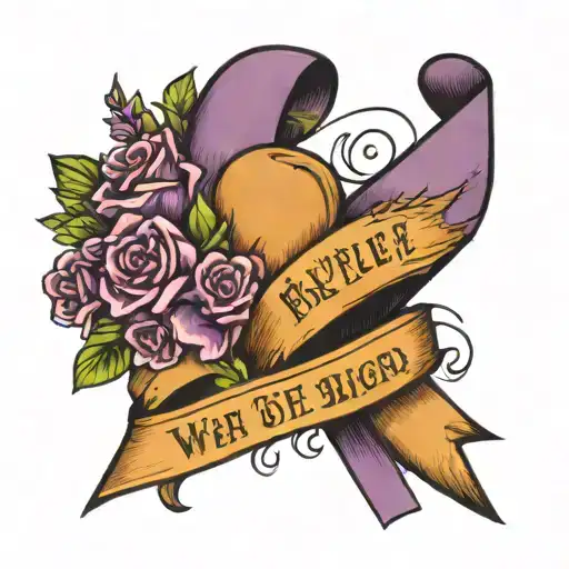 purple ribbon with what the mind forgets the heart will always remember and flowers around  tattoo design idea